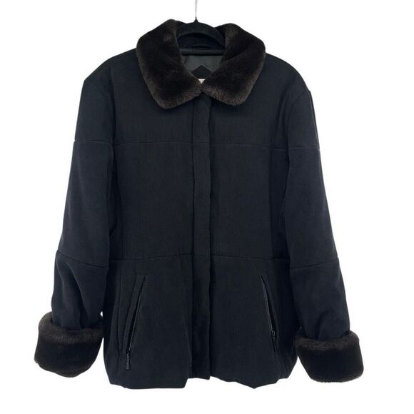 Jones New York Jackets & Blazers - Jones New York Black Modacrylic Velvety Winter Coat XL Faux Fur Trim Full Zip